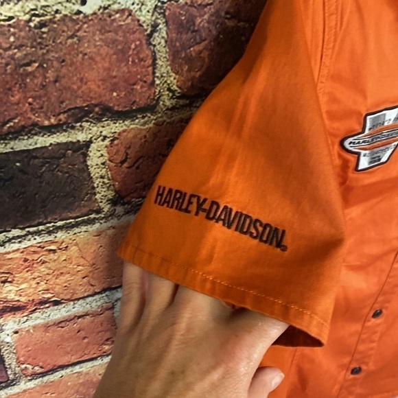 Harley Davidson Orange Women’s Short Sleeve Button Up Shirt with Logos Size M/L - Picture 7 of 15